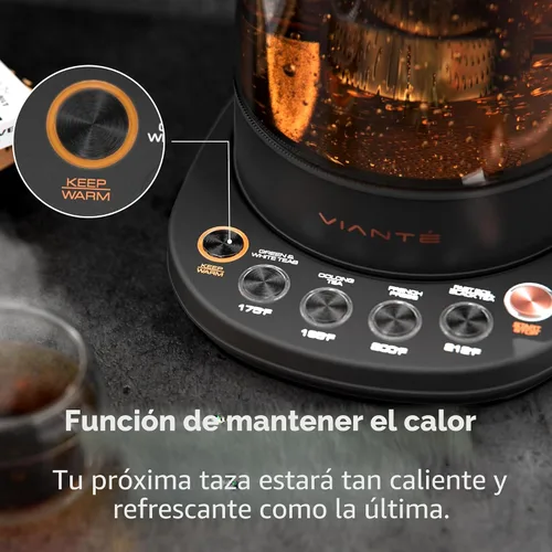 Vista 7 de Vianté - Tetera eléctrica con infusor para hojas sueltas. Elaborador de té caliente con control de temperatura y apagado automático. Tetera