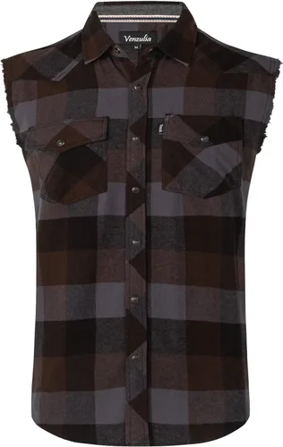 Vista 9 de Camisa casual de franela a cuadros con broches sin mangas con bolsillo para hombre