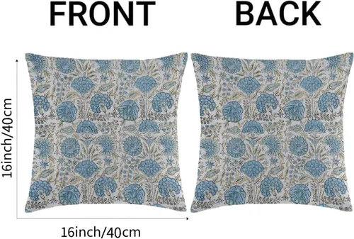 Vista 4 de Juego de 2 fundas de almohada florales bohemias de 16 x 16 pulgadas, fundas de almohada de lino con estampado de bloques azules estilo campestre