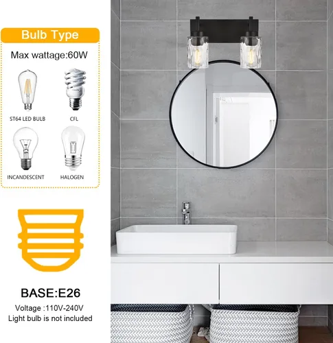 Vista 5 de BONLICHT 2 Apliques de Pared Estilo Casa de Campo Luces de Tocador Modernas Negras Accesorios de Iluminación para Baño con Pantalla de Vidrio