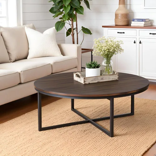 Vista 5 de Arcadia - Mesa de centro redonda de madera de acacia de 42 pulgadas, mesa industrial para sala de estar con acabado moca envejecido y patas