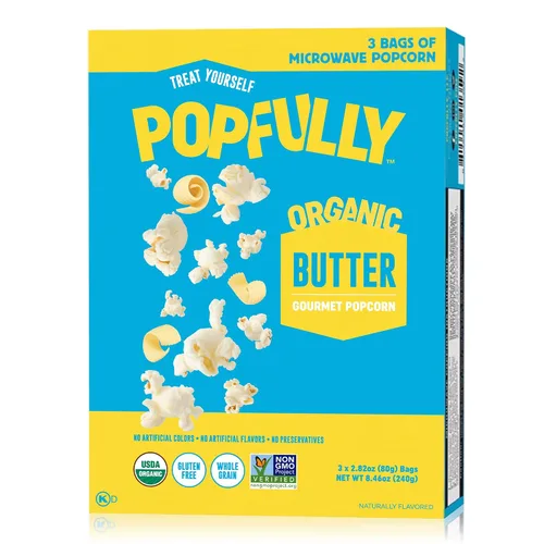 Vista 26 de POPFULLY Palomitas 94% libres de grasa totalmente explotadas, bolsas para compartir, sabor a mantequilla ligera, gran explosión, bolsas