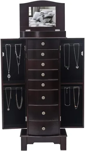 Vista 9 de MTFY Armario de joyería de pie, organizador de joyería, baúl de joyería con 8 cajones, 2 puertas laterales oscilantes, 16 ganchos para collares