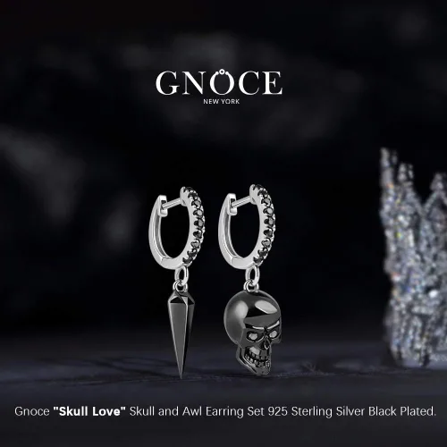 Vista 3 de Gnoce Juego de aretes de calavera y punzón de plata de ley chapada en negro Skull Love con circonita cúbica negra joyería de regalo para mujeres