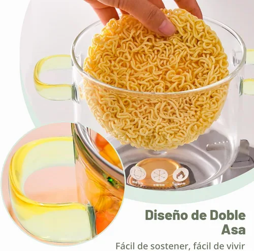 Vista 3 de Olla de cocina de vidrio transparente de 1.5L 2 litros con colador y tapa, resistente a la estufa con tapa, asas antiquemaduras, cacerola de vidrio