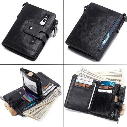 Vista 2 de gzcz Cartera de cadena plegable para hombre de piel auténtica suave con ventana de identificación y tarjetero de crédito minimalista con cremallera