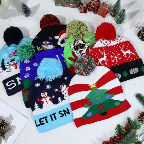 Vista 4 de 16 unidades de gorro de Navidad con luz LED, gorro feo de Navidad, gorro de punto de Navidad con luz unisex, gorro de invierno para Navidad