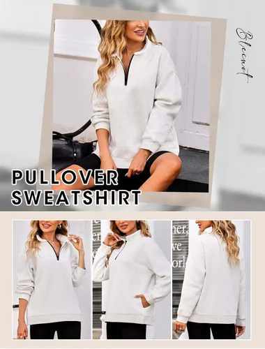 Vista 2 de BLENCOT Sudaderas de gran tamaño con media cremallera para mujer, manga larga, color sólido, hombros caídos, forro polar, sin botones, tallas S-2XL