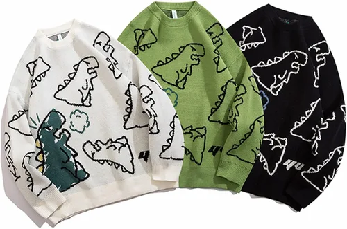 Vista 3 de Flygo Suéter de punto de dinosaurio para mujer, unisex, de gran tamaño, casual, manga larga, suéter de punto