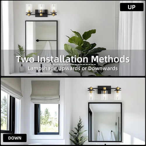 Vista 7 de LOUSACE Lámpara de baño negra y dorada, 3 luces de tocador de baño, moderna luz de baño sobre espejo con pantallas de vidrio transparente, enchufe