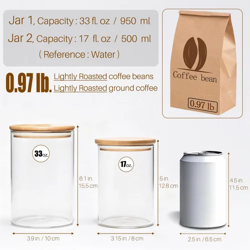 Vista 2 de Tarros de almacenamiento de alimentos de vidrio de 33+17 oz con tapas herméticas, tarro de vidrio transparente con tapa de bambú, recipiente