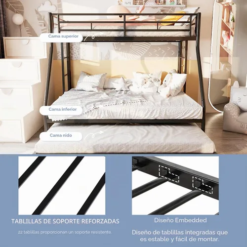 Vista 5 de SUNLEI Cama alta de metal con 2 escaleras seguras, litera individual sobre matrimonial con nido, camas nido con protección de seguridad individual