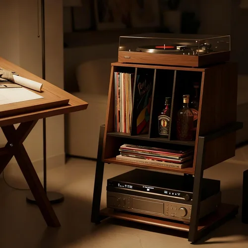 Vista 7 de FITUEYES Armario de bar de diseño con soporte giratorio, gabinete de barra de registro vintage, almacenamiento de vinilo y exhibición de vino, grano