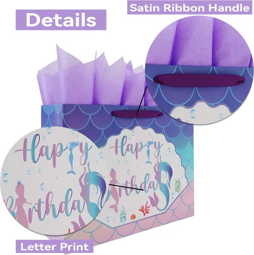 Vista 4 de Qirrmiy Juego de bolsas de regalo de cumpleaños de sirena extra grande de 16.5 pulgadas con asas, tarjeta de felicitación, papeles de seda morados