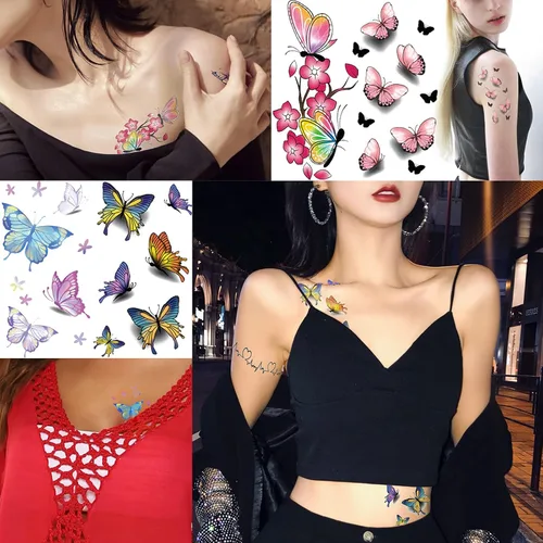 Vista 2 de 30 hojas de tatuajes temporales de mariposa para mujeres, niñas y adultos, mariposas 3D, calcomanías de tatuaje falsas sexys, impermeables, arte