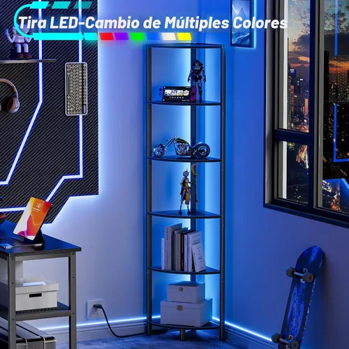 Vista 4 de Furnulem Estante esquinero de 6 niveles con luz LED, organizador de estante de pie de 67.5 pulgadas de alto, estantería estrecha negra con estante