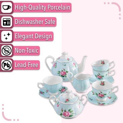Vista 4 de BTaT - Juego de té floral para adultos, 13 piezas, servicio para 4, olla (38 onzas) y tazas (8 onzas) con platillos, diseño floral azul pastel