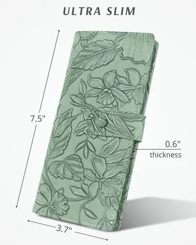 Vista 5 de Unilily Cartera delgada para mujer, con bloqueo RFID, de piel vegana, plegable, tarjetero con 2 ventanas de identificación y bolsillo con Verde