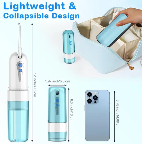 Vista 4 de Irrigador dental de agua para limpieza de dientes y hilo dental con funda de tamaño de viaje, irrigador oral recargable, irrigador dental portátil