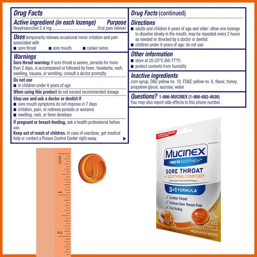 Vista 2 de Mucinex InstaSoothe Dolor de garganta + calmante sabor a miel y equinácea, acción rápida, potente analgésico oral para el dolor de garganta, 40