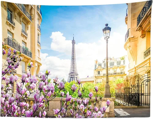 Vista 5 de BELECO Telón de fondo romántico de la Torre Eiffel de París, de 5 x 3 pies, diseño romántico de París, flores florecientes de primavera, cielo azul