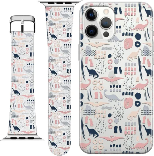 Vista 2 de Correa de muñeca compatible con Apple Watch Series 7/6/5/4/3/2/1/SE y funda de teléfono a juego con estampado rosa, correa de dinosaurios
