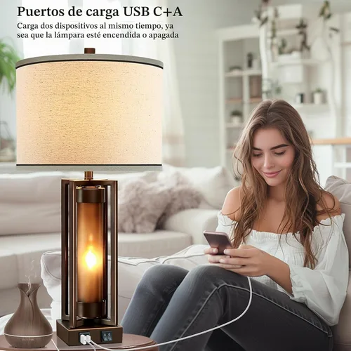 Vista 6 de Lámparas de mesa rústicas para sala de estar con puertos USB C+A, lámpara de mesita de noche vintage de granja con luz nocturna de acrílico ámbar