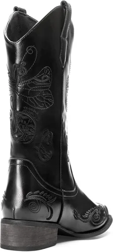 Vista 3 de DREAM PAIRS Botas vaqueras de media pantorrilla para mujer, botas vaqueras bordadas cosidas con punta cuadrada, botas occidentales