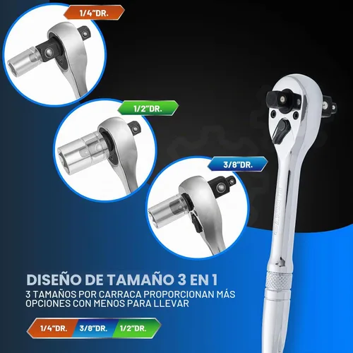 Vista 3 de Mango de trinquete 3 en 1,1/4", 3/8", llave de trinquete de 1/2", interruptor reversible de 72 dientes,Chapado en cromo pulido completo,Acero al