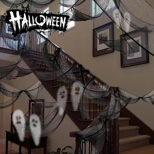 Vista 6 de Paquete de 4 decoraciones de tela espeluznante de Halloween, 30 x 72 pulgadas, paños de gasa de Halloween aterradores, paño espeluznante para casa