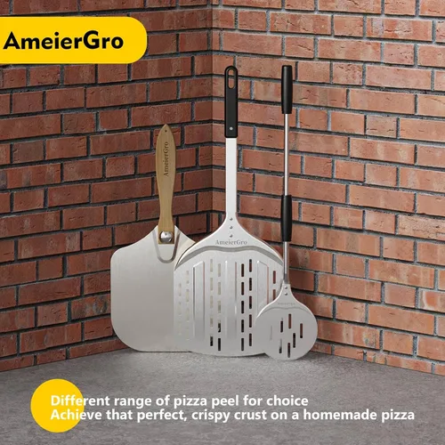 Vista 7 de Pala de pizza perforada de 12 pulgadas, mango largo (31 pulgadas), espátula de pizza de aluminio anodizado, accesorios para horno de pizza