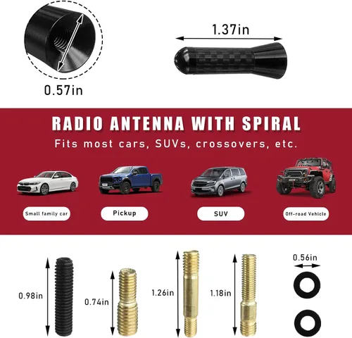 Vista 2 de Dickno Antena corta para automóvil, antena de radio de aluminio de 1.37 pulgadas, repuesto de mástil, antena de recepción de radio AM/FM automática