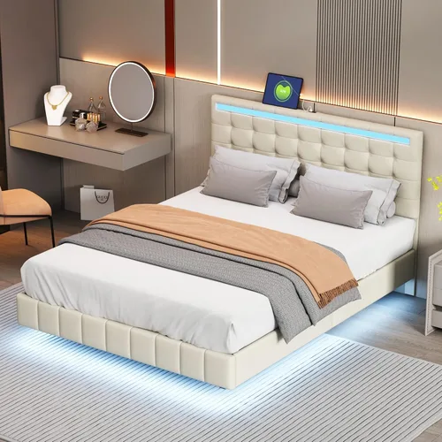 Vista 31 de Cama de plataforma flotante, marco de cama de madera tamaño individual con rayas claras, tela de lino suave y cabecera de diseño capitoné
