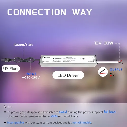 Vista 3 de Fuente de alimentación LED de 12V 30W, transformador adaptador controlador LED IP67 impermeable 12V 110V CA a 12V CC de bajo voltaje con enchufe