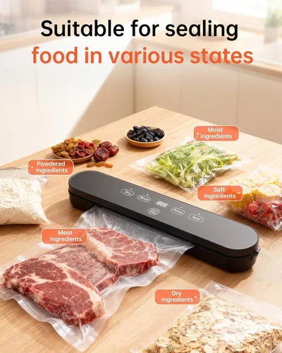 Vista 10 de Máquina selladora al vacío de 75 kPa, sellador al vacío compacto para alimentos, sellador de alimentos 4 en 1, temporizador digital, húmedo/seco