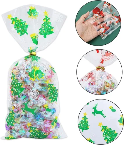 Vista 4 de Boerni 100 bolsas de celofán de Navidad, bolsas de plástico para violonchelo de Navidad con lazos giratorios para dulces, galletas, golosinas