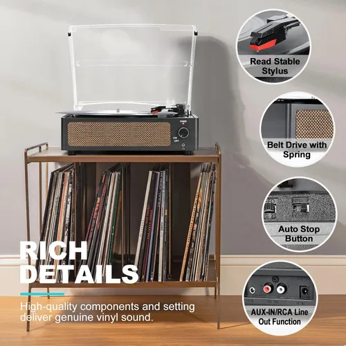 Vista 7 de Tocadiscos de vinilo vintage con altavoces, giradiscos accionados por correa, compatible con 3 velocidades, reproducción inalámbrica Bluetooth