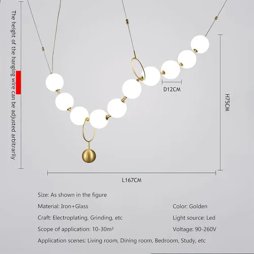 Vista 7 de Postmodern - Collar de perlas con bola de cristal, 10 luces; lámpara de araña de burbujas de bola de vidrio blanco leche, luz LED ajustable