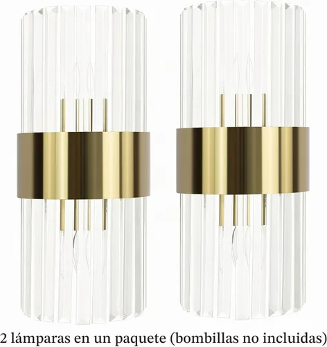 Vista 8 de Juego de 2 apliques de pared de cristal dorado, modernos apliques de cristal de iluminación de 2 luces de latón para pared de baño, pasillo