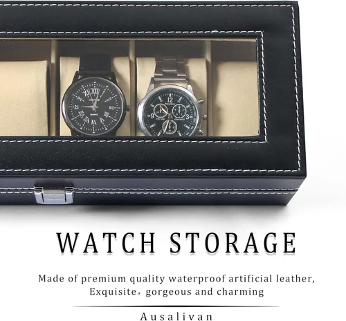 Vista 2 de Long Men Estuche organizador de relojes para hombre, caja de almacenamiento de viaje para mujer, 6 ranuras de cuero sintético para relojes, soporte