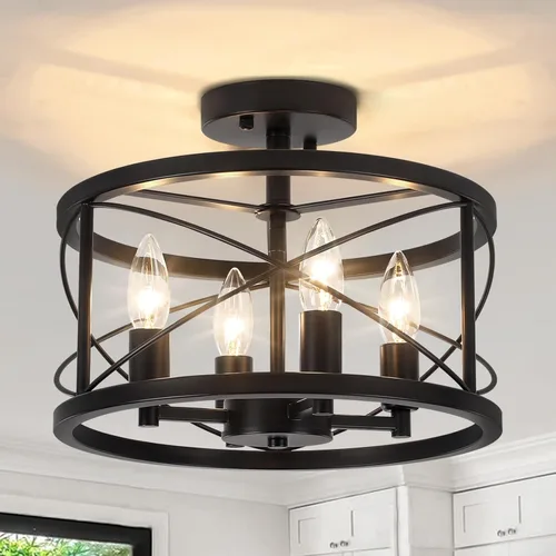Vista 12 de Lámpara de techo moderna de granja de madera semiempotrada, accesorios de iluminación de pasillo y entrada, lámpara de techo industrial rústica de 3