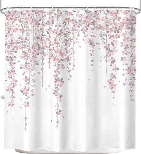 Vista 7 de Cortina de ducha floral gris y rosa de 72x72 pulgadas, flores de cerezo en rosa polvoriento y flores llorosas en primavera, tela impermeable