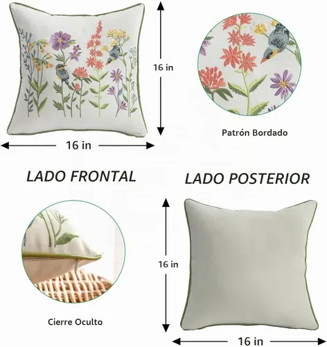 Vista 2 de Fundas de almohada bordadas de 16 x 16 pulgadas, paquete de 2 Aves y flores