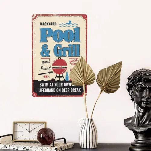 Vista 5 de Póster de metal para fiesta en la piscina, 8 x 12 pulgadas, "Parrilla y natación en su propio riesgo", arte retro para pared al aire libre