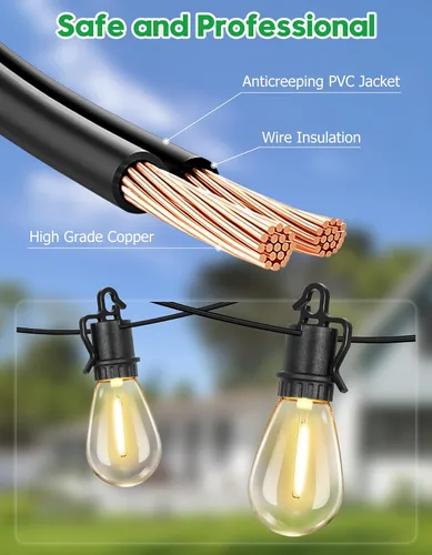 Vista 4 de Guirnalda de luces para exteriores de 100 pies con 35 ofertas de patio inastillables S14 bombillas Edison vintage E12, luces regulables de 2700 K