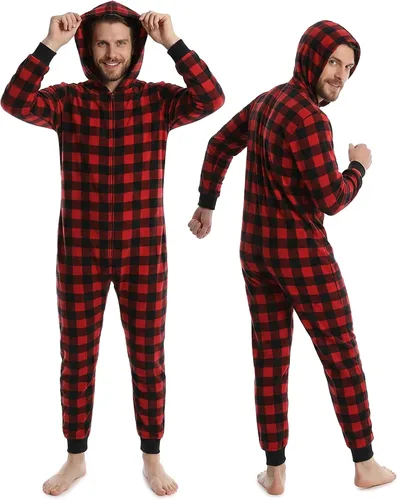 Vista 11 de SLEEPHERO Mono de forro polar para hombre, traje de unión con cremallera completa y capucha, pijama suave de una pieza para adultos Reno divertido