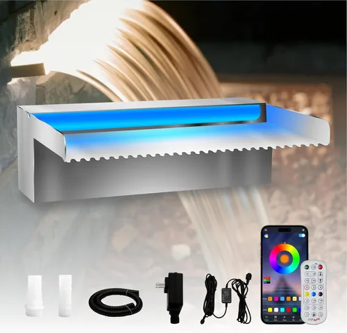 Vista 18 de Pamopamo Cascada Vertedero para Piscina de Acero Inoxidable Fuente de Estanque, Fuentes Negras para Exteriores con Control por APP y LED Coloridos