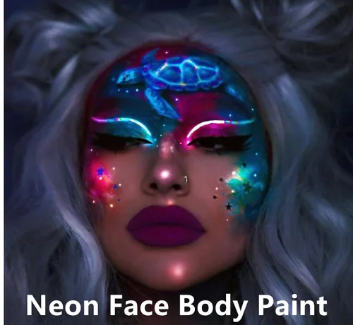 Vista 3 de Go Ho Pintura corporal azul neón lavable (2.37 onzas, 2.4 fl oz), pintura facial neón con luz negra UV, pintura facial azul fluorescente a base