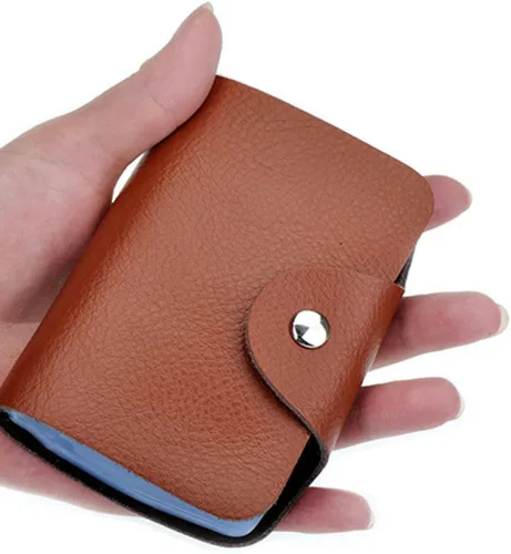 Vista 5 de YaJaMa Cartera para tarjetas de crédito, pequeña, de piel auténtica, 26 ranuras, para tarjetas, organizador para mujeres y hombres, Café, Cartera