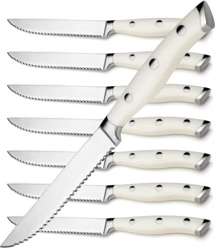 Vista 16 de Alata Juego de cuchillos para carne de 8 piezas, 4.7 pulgadas con borde dentado, cuchillos afilados para cena, construcción de espiga completa Negro